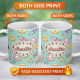 Personalized Custom Name Cute Easter Bunny Ice Cream Donut Chick Kawaii Mint Background 11oz Ceramic Coffee Tea Mug White Large Handle