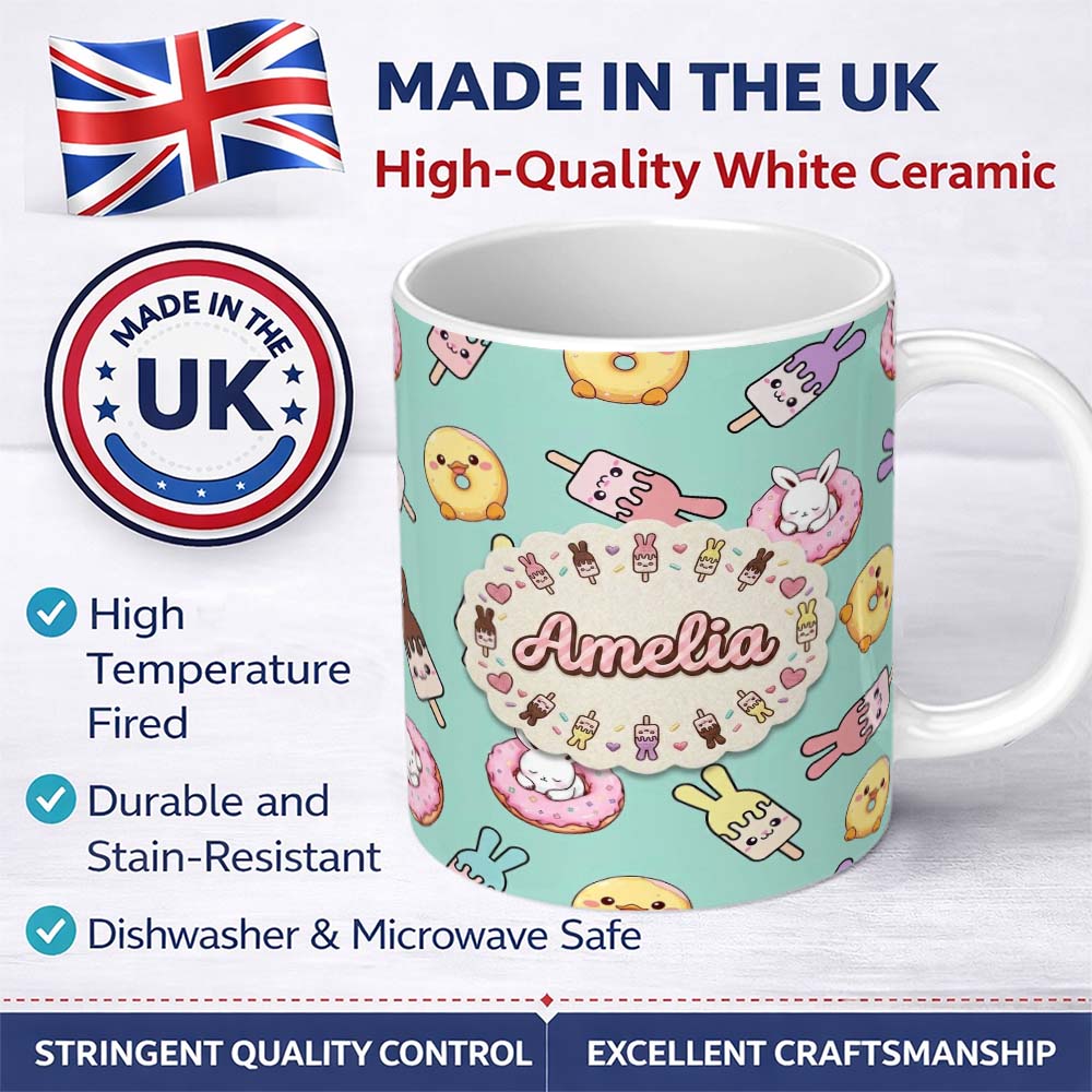 Personalized Custom Name Cute Easter Bunny Ice Cream Donut Chick Kawaii Mint Background 11oz Ceramic Coffee Tea Mug White Large Handle