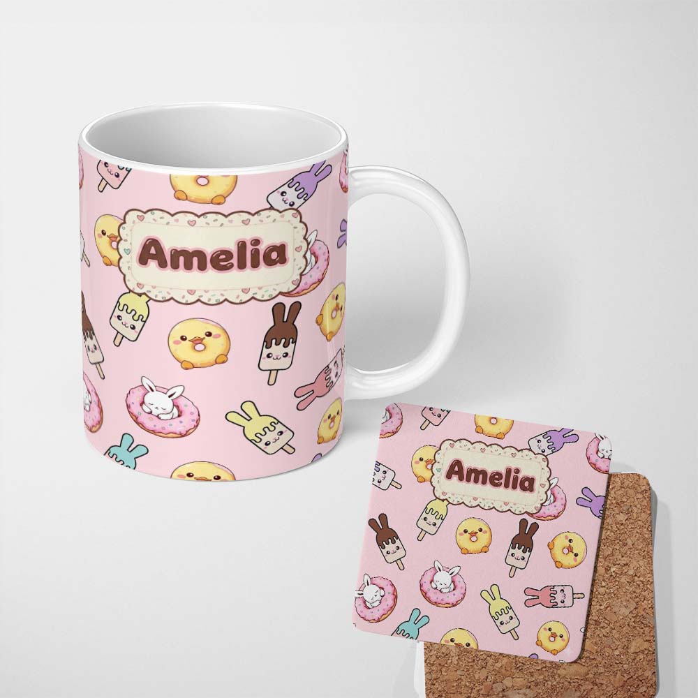 Personalized Custom Name Cute Easter Bunny Ice Cream Donut Chick Kawaii Soft Pink Background 11oz Ceramic Coffee Tea Mug White Large Handle