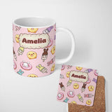 Personalized Custom Name Cute Easter Bunny Ice Cream Donut Chick Kawaii Soft Pink Background 11oz Ceramic Coffee Tea Mug White Large Handle