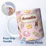 Personalized Custom Name Cute Easter Bunny Ice Cream Donut Chick Kawaii Soft Pink Background 11oz Ceramic Coffee Tea Mug White Large Handle