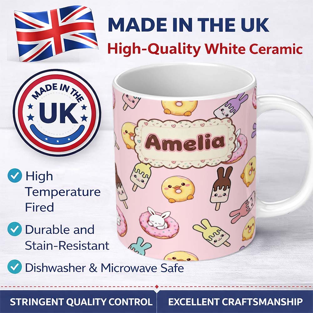 Personalized Custom Name Cute Easter Bunny Ice Cream Donut Chick Kawaii Soft Pink Background 11oz Ceramic Coffee Tea Mug White Large Handle