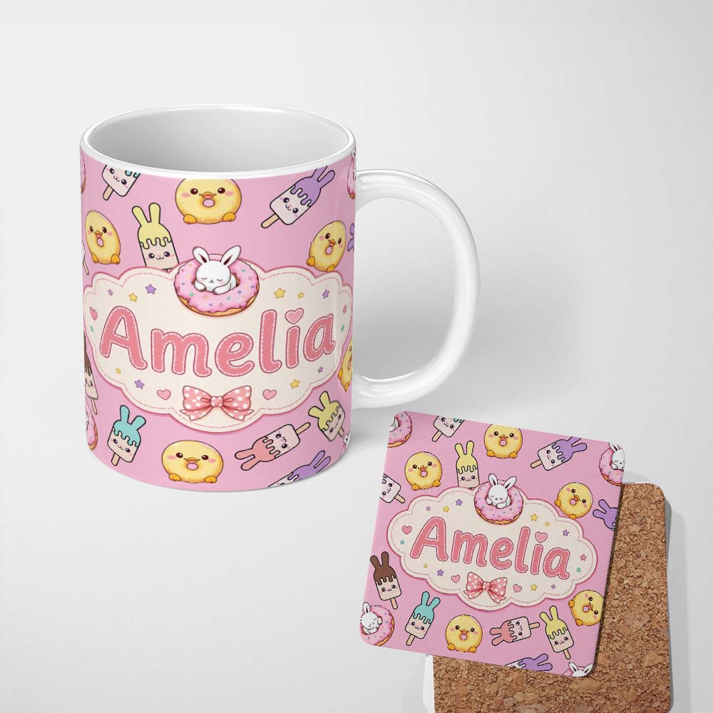 Personalized Custom Name Cute Easter Bunny Ice Cream Donut Chick Kawaii Pastel Pink 11oz Ceramic Coffee Tea Mug White Large Handle