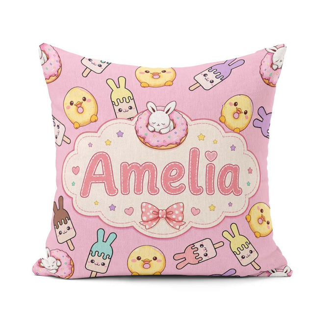 Custom Name Cute Easter Bunny Ice Cream Donut Kawaii Pastel Pink Square Filled Cushion Throw Pillow Sofa Bed Home Decor Zip Washable UK Made