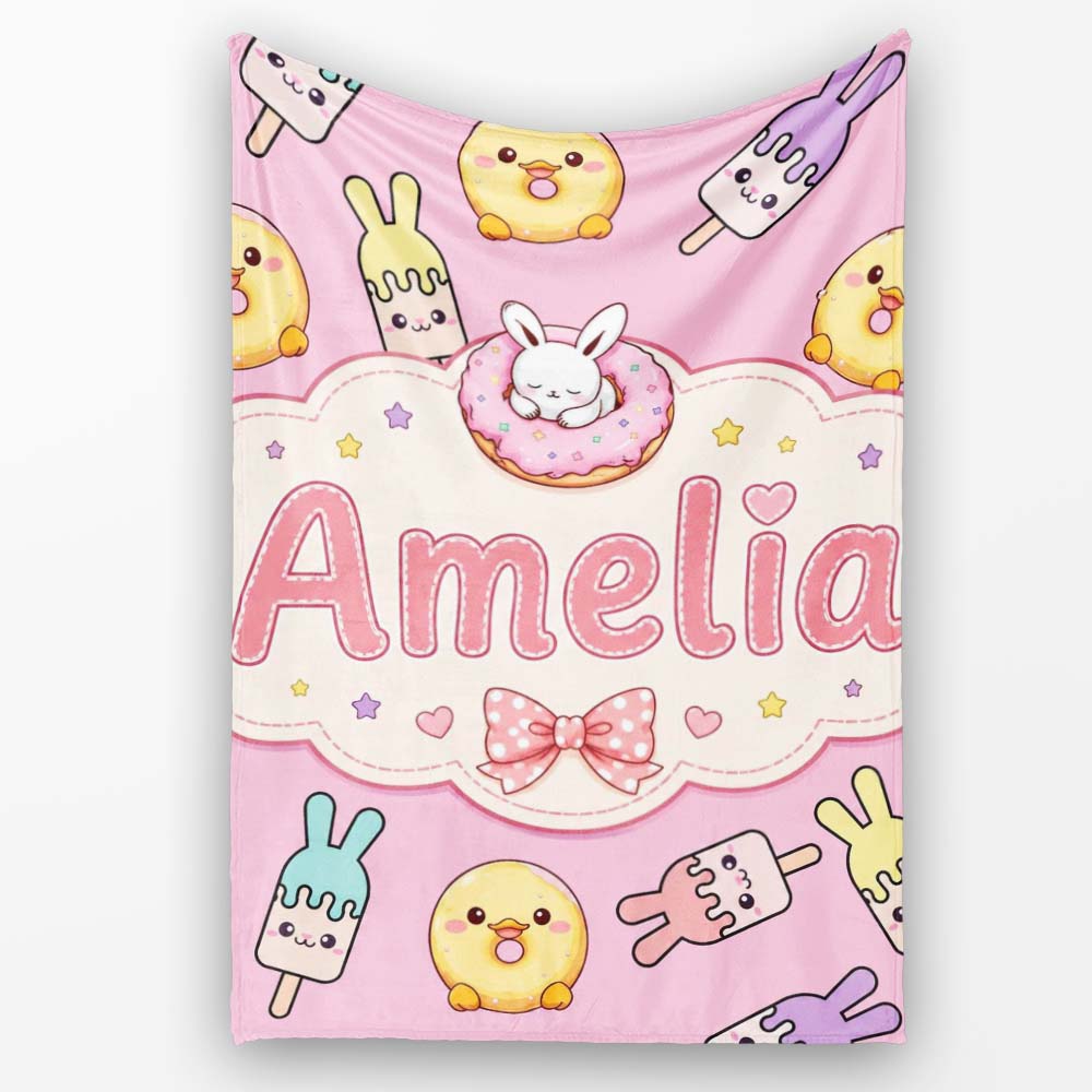 Cute Easter Bunny Ice Cream Donut Chick Kawaii Pastel Pink  Personalised Custom Name Super Soft Fleece Blanket Bed Sofa Throw