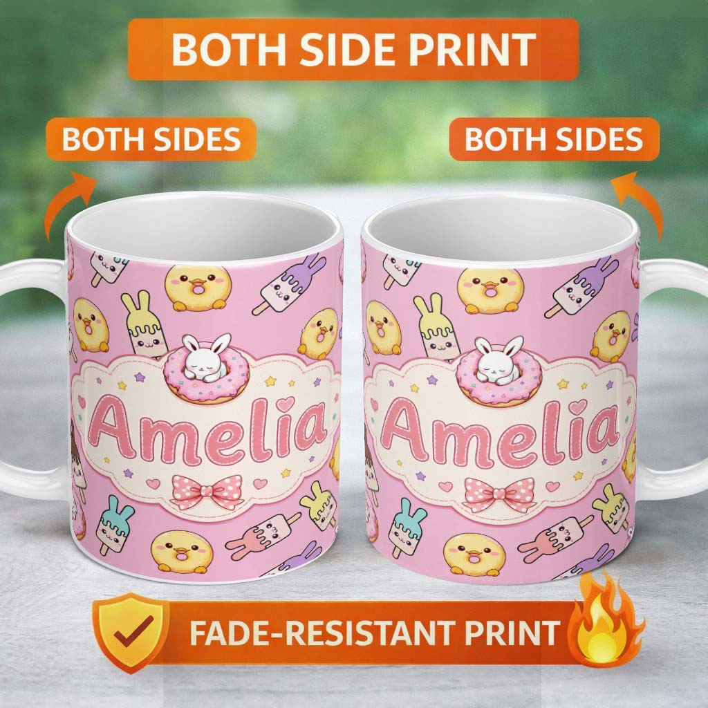 Personalized Custom Name Cute Easter Bunny Ice Cream Donut Chick Kawaii Pastel Pink 11oz Ceramic Coffee Tea Mug White Large Handle