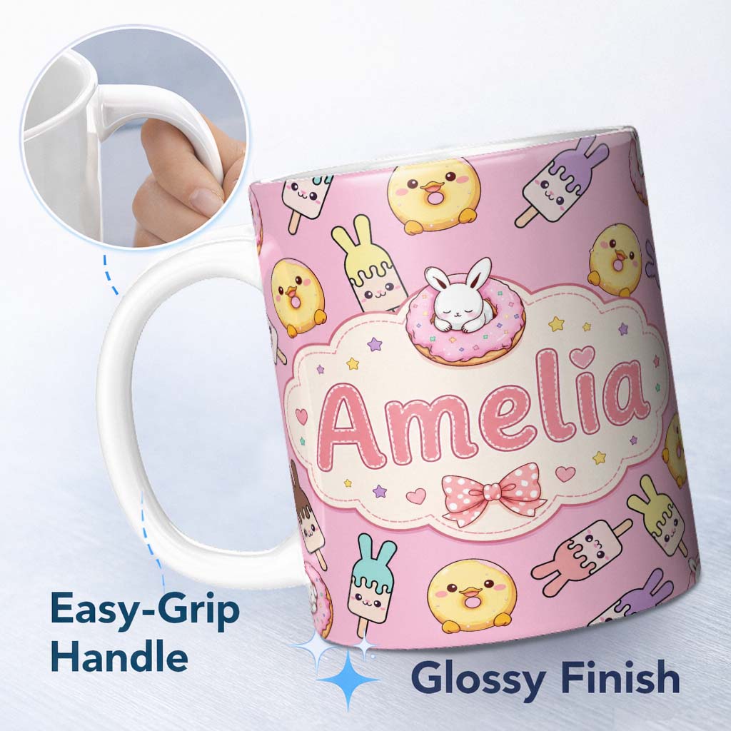 Personalized Custom Name Cute Easter Bunny Ice Cream Donut Chick Kawaii Pastel Pink 11oz Ceramic Coffee Tea Mug White Large Handle