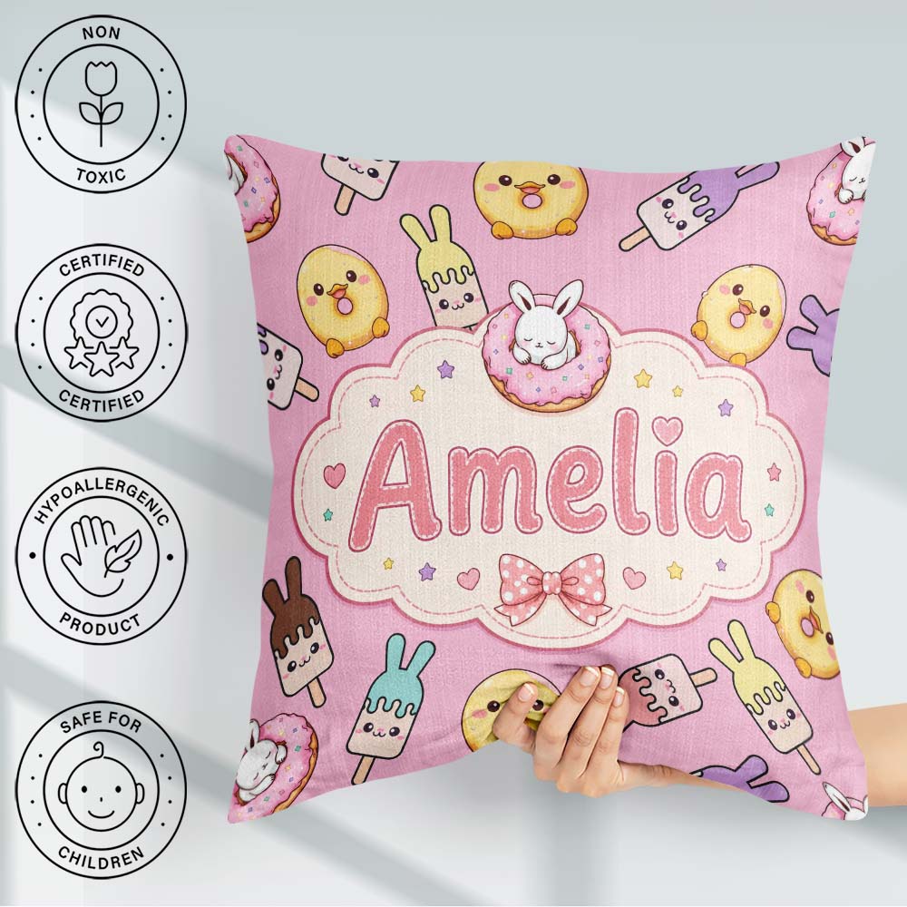Custom Name Cute Easter Bunny Ice Cream Donut Kawaii Pastel Pink Square Filled Cushion Throw Pillow Sofa Bed Home Decor Zip Washable UK Made