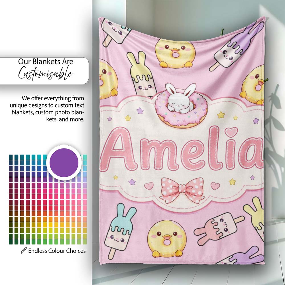Cute Easter Bunny Ice Cream Donut Chick Kawaii Pastel Pink  Personalised Custom Name Super Soft Fleece Blanket Bed Sofa Throw