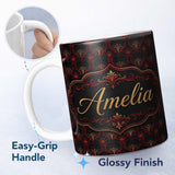 Personalized Custom Name Luxury Red Black Baroque Ornamental Seamless Pattern Lovely 11oz Ceramic Coffee Tea Mug White Large Handle