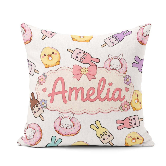 Custom Name Easter Bunny Ice Cream Donut Chick Kawaii Light Grey Square Filled Cushion Throw Pillow Sofa Bed Home Decor Zip Washable UK Made