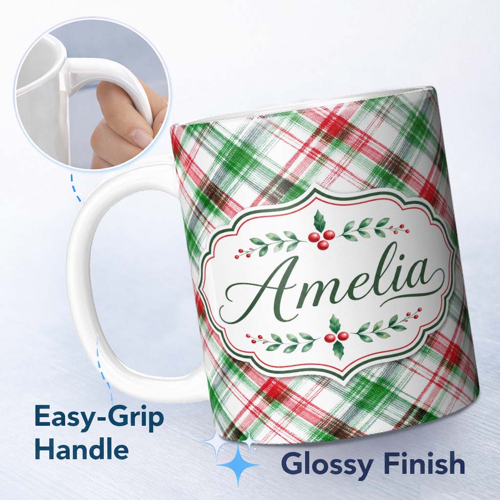 Personalized Custom Name Watercolor Red Green Christmas Tartan Plaid Festive Seamless Pattern 11oz Ceramic Coffee Tea Mug White Large Handle