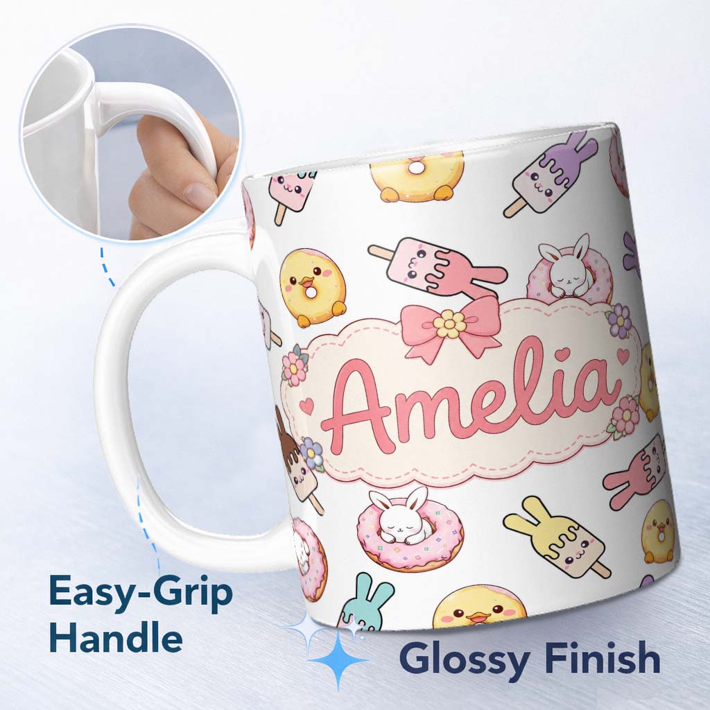 Personalized Custom Name Cute Easter Bunny Ice Cream Donut Chick Kawaii Light Grey 11oz Ceramic Coffee Tea Mug White Large Handle