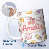 Personalized Custom Name Cute Easter Bunny Ice Cream Donut Chick Kawaii Light Grey 11oz Ceramic Coffee Tea Mug White Large Handle