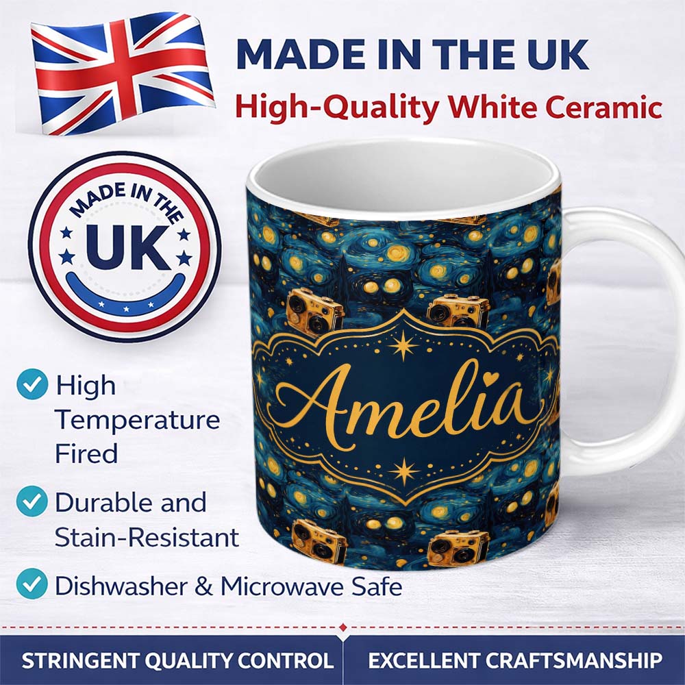 Personalized Custom Name Vintage Camera Starry Night Artistic Seamless Pattern Lovely 11oz Ceramic Coffee Tea Mug White Large Handle