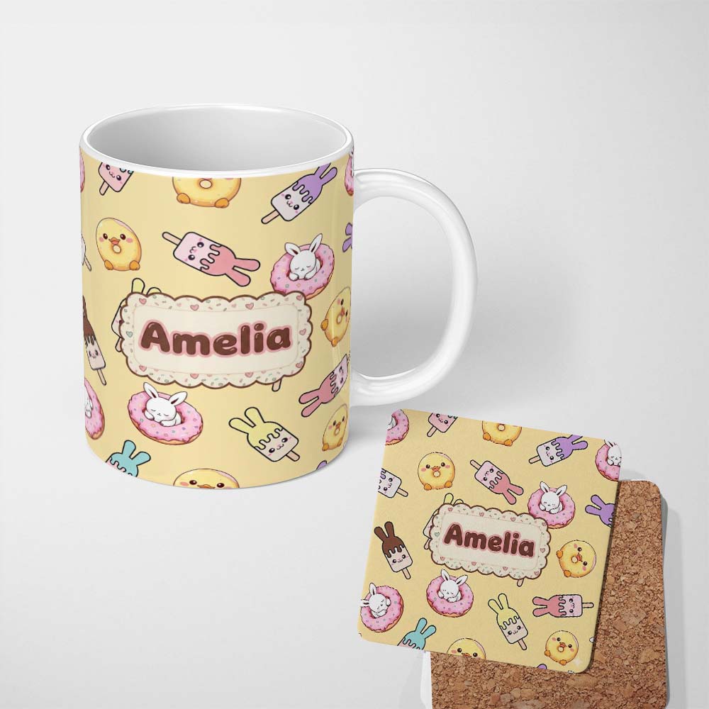 Personalized Custom Name Cute Easter Bunny Ice Cream Donut Chick Kawaii Yellow Background 11oz Ceramic Coffee Tea Mug White Large Handle