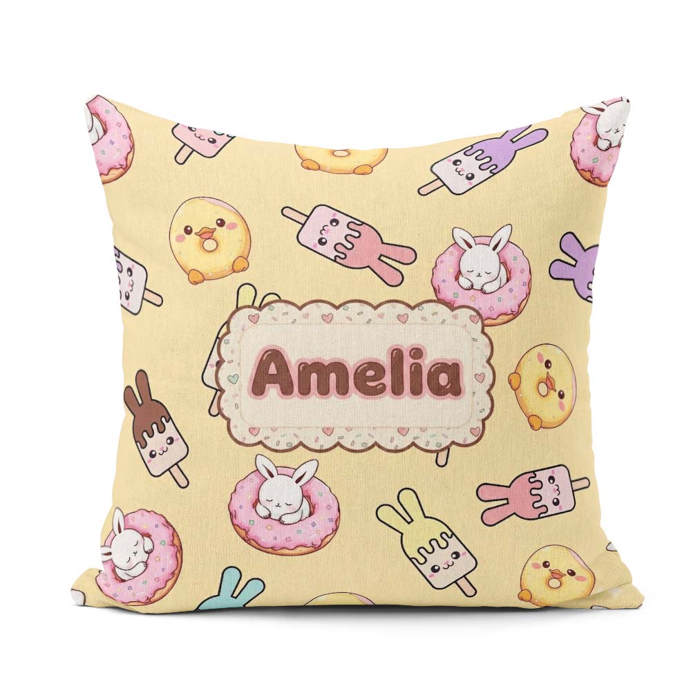 Custom Name Easter Bunny Ice Cream Donut Chick Kawaii Background Square Filled Cushion Throw Pillow Sofa Bed Home Decor Zip Washable UK Made