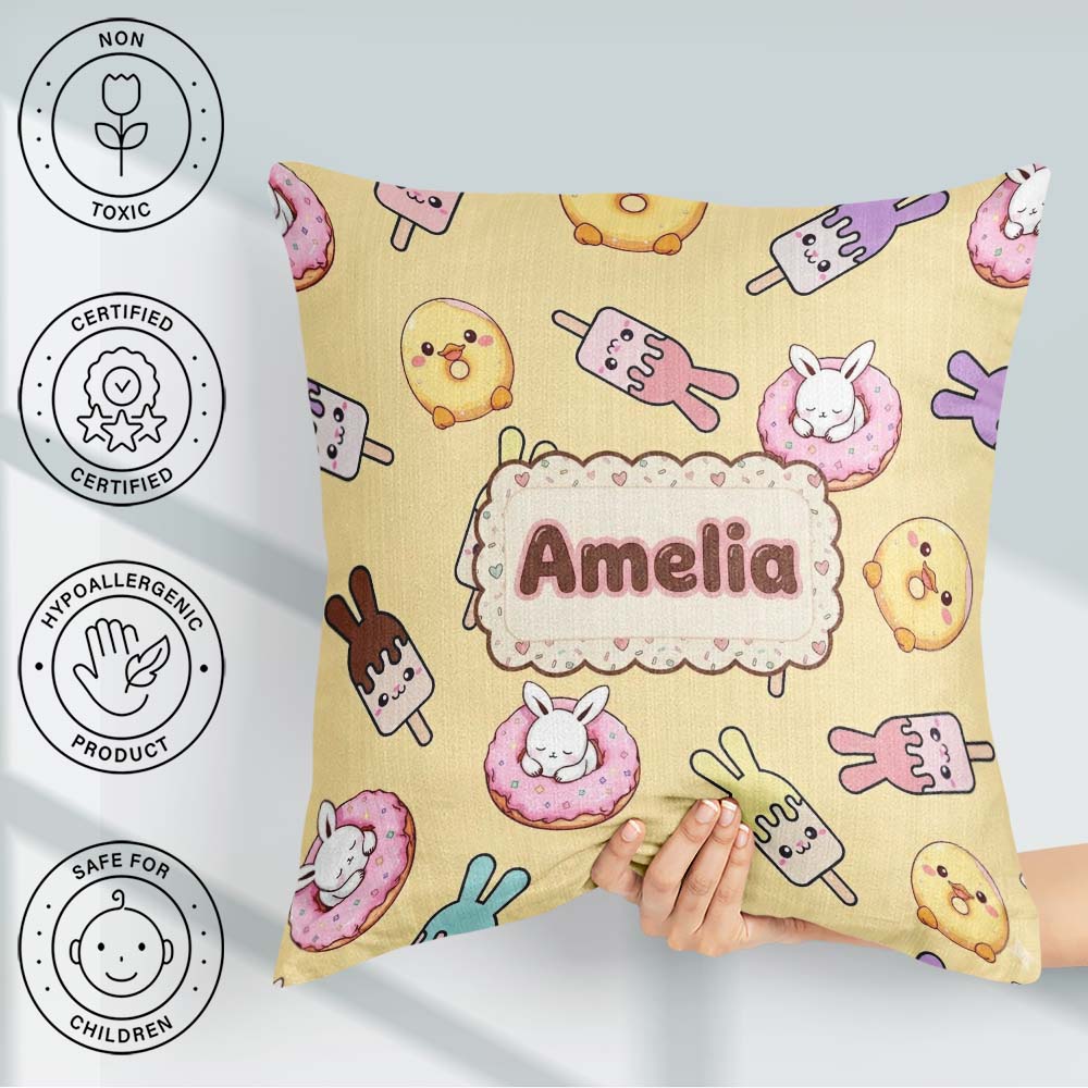 Custom Name Easter Bunny Ice Cream Donut Chick Kawaii Background Square Filled Cushion Throw Pillow Sofa Bed Home Decor Zip Washable UK Made