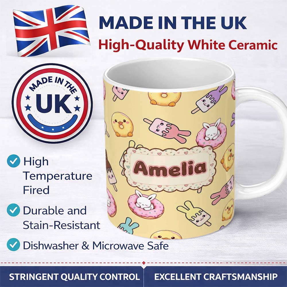 Personalized Custom Name Cute Easter Bunny Ice Cream Donut Chick Kawaii Yellow Background 11oz Ceramic Coffee Tea Mug White Large Handle