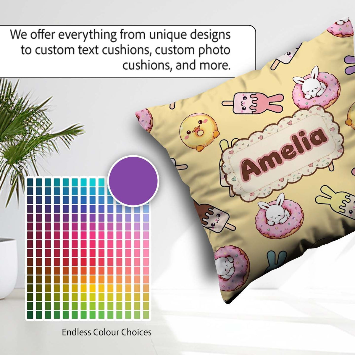 Custom Name Easter Bunny Ice Cream Donut Chick Kawaii Background Square Filled Cushion Throw Pillow Sofa Bed Home Decor Zip Washable UK Made