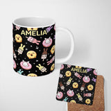 Personalized Custom Name Cute Easter Bunny Ice Cream Donut Chick Kawaii Black Starry 11oz Ceramic Coffee Tea Mug White Large Handle