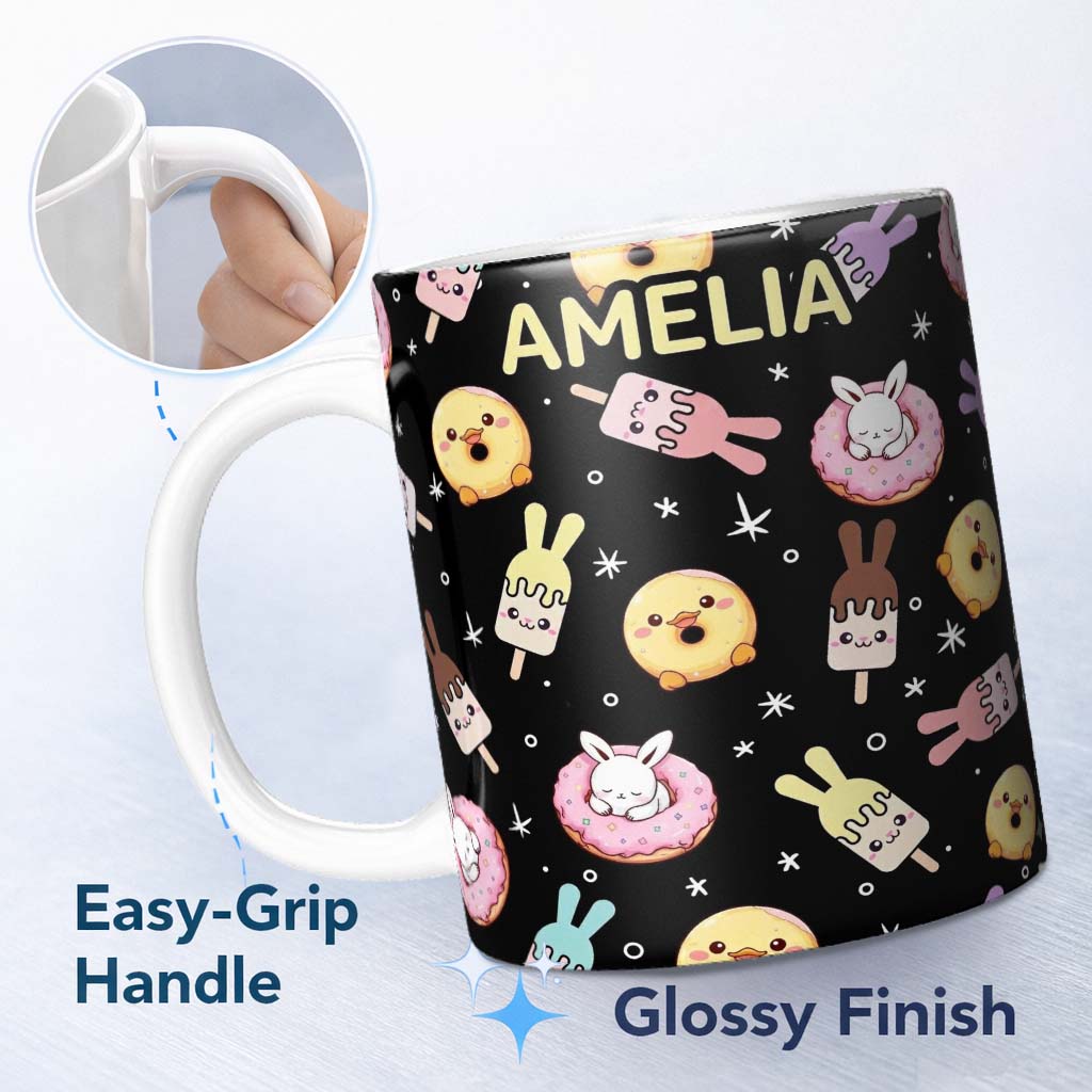 Personalized Custom Name Cute Easter Bunny Ice Cream Donut Chick Kawaii Black Starry 11oz Ceramic Coffee Tea Mug White Large Handle