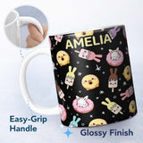 Personalized Custom Name Cute Easter Bunny Ice Cream Donut Chick Kawaii Black Starry 11oz Ceramic Coffee Tea Mug White Large Handle