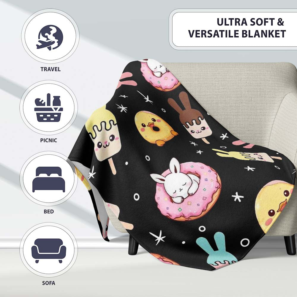 Cute Easter Bunny Ice Cream Donut Chick Kawaii Black Starry  Personalised Custom Name Super Soft Fleece Blanket Bed Sofa Throw
