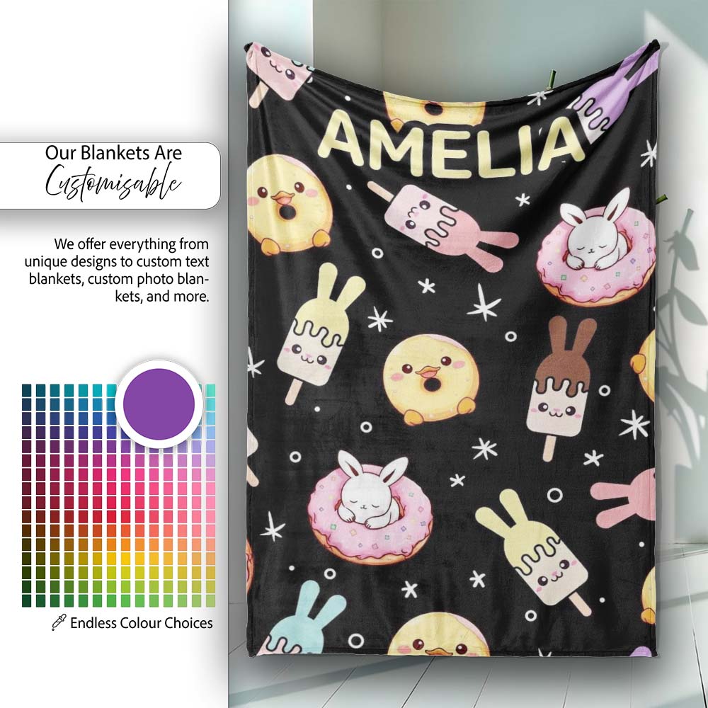 Cute Easter Bunny Ice Cream Donut Chick Kawaii Black Starry  Personalised Custom Name Super Soft Fleece Blanket Bed Sofa Throw