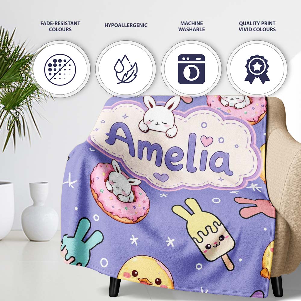 Cute Easter Bunny Ice Cream Donut Chick Kawaii Purple Star  Personalised Custom Name Super Soft Fleece Blanket Bed Sofa Throw