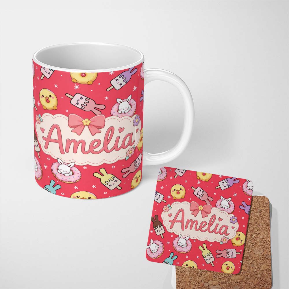 Personalized Custom Name Cute Easter Bunny Ice Cream Donut Chick Kawaii Red Star Background 11oz Ceramic Coffee Tea Mug White Large Handle
