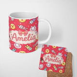 Personalized Custom Name Cute Easter Bunny Ice Cream Donut Chick Kawaii Red Star Background 11oz Ceramic Coffee Tea Mug White Large Handle