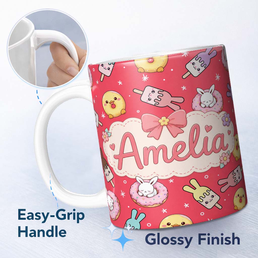 Personalized Custom Name Cute Easter Bunny Ice Cream Donut Chick Kawaii Red Star Background 11oz Ceramic Coffee Tea Mug White Large Handle