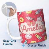 Personalized Custom Name Cute Easter Bunny Ice Cream Donut Chick Kawaii Red Star Background 11oz Ceramic Coffee Tea Mug White Large Handle