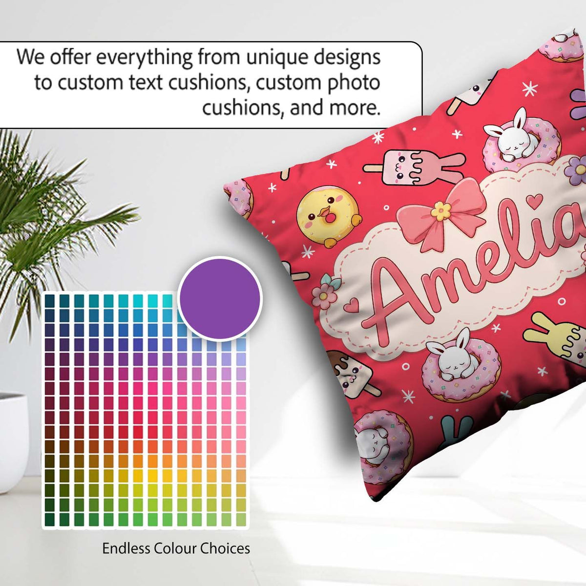 Custom Name Easter Bunny Ice Cream Donut Chick Kawaii Red Star Square Filled Cushion Throw Pillow Sofa Bed Home Decor Zip Washable UK Made