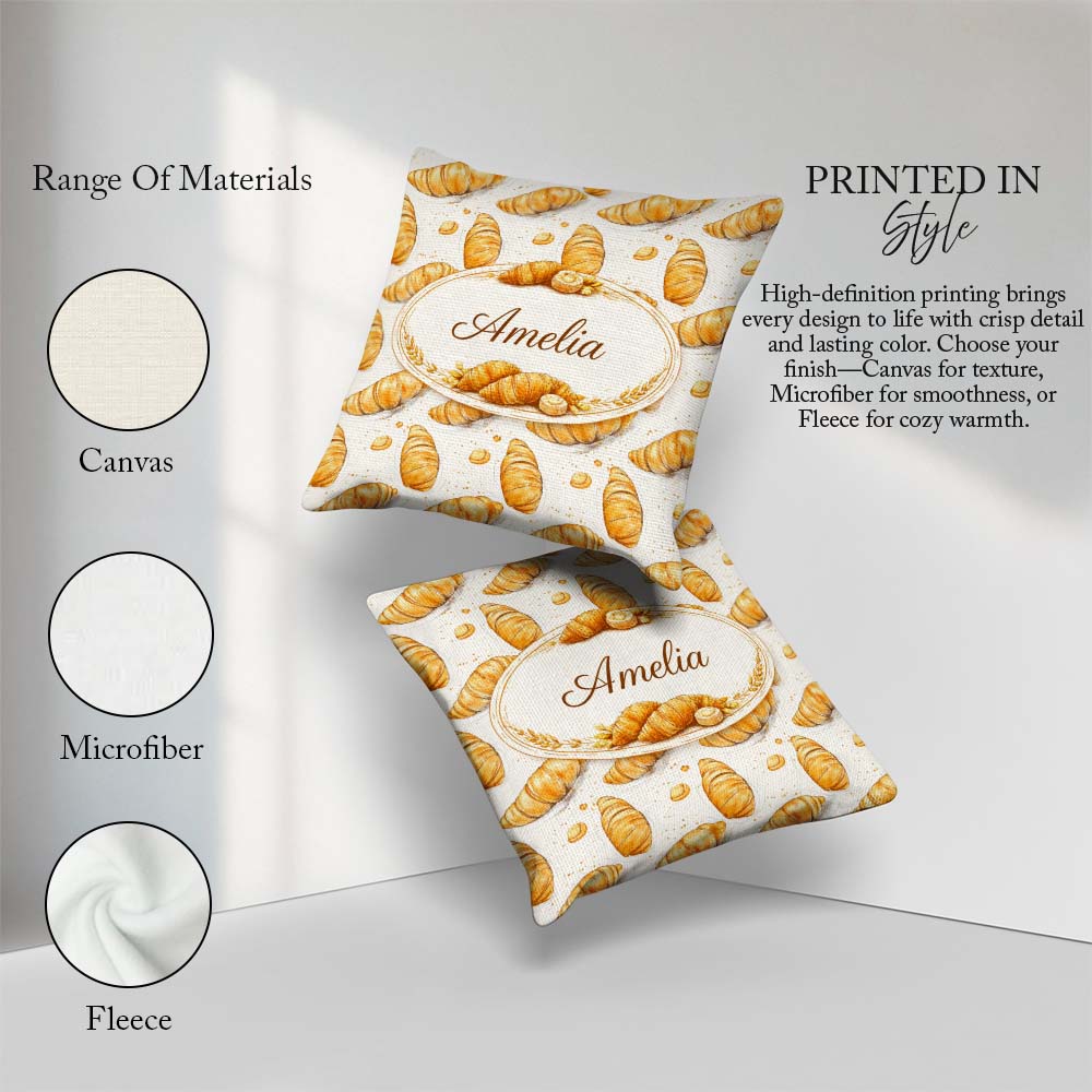 Custom Name Artistic Sketch Croissant Seamless Pattern Ink Style Square Filled Cushion Throw Pillow Sofa Bed Home Decor Zip Washable UK Made