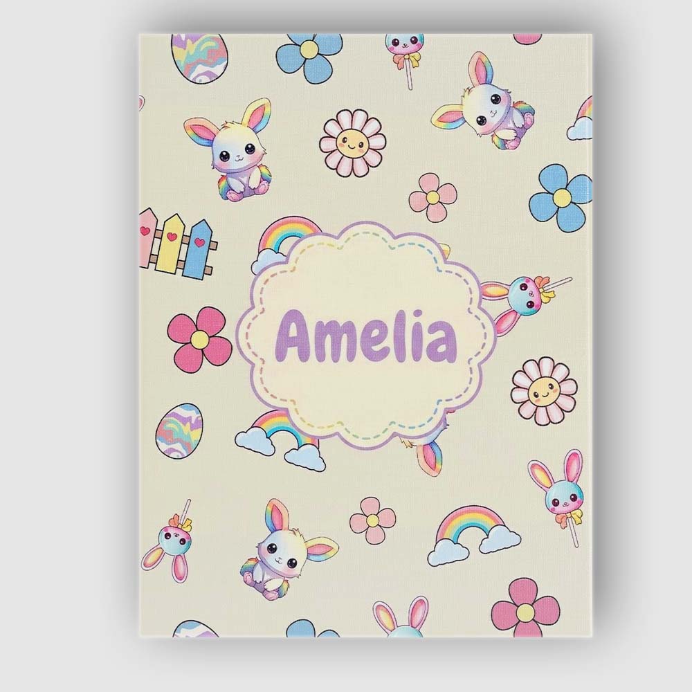 Personalised Name Cute Rainbow Bunny Flower Custom  Bespoke Interior Contemporary Canvas Wall Art Print Decor Picture Ready to Hang