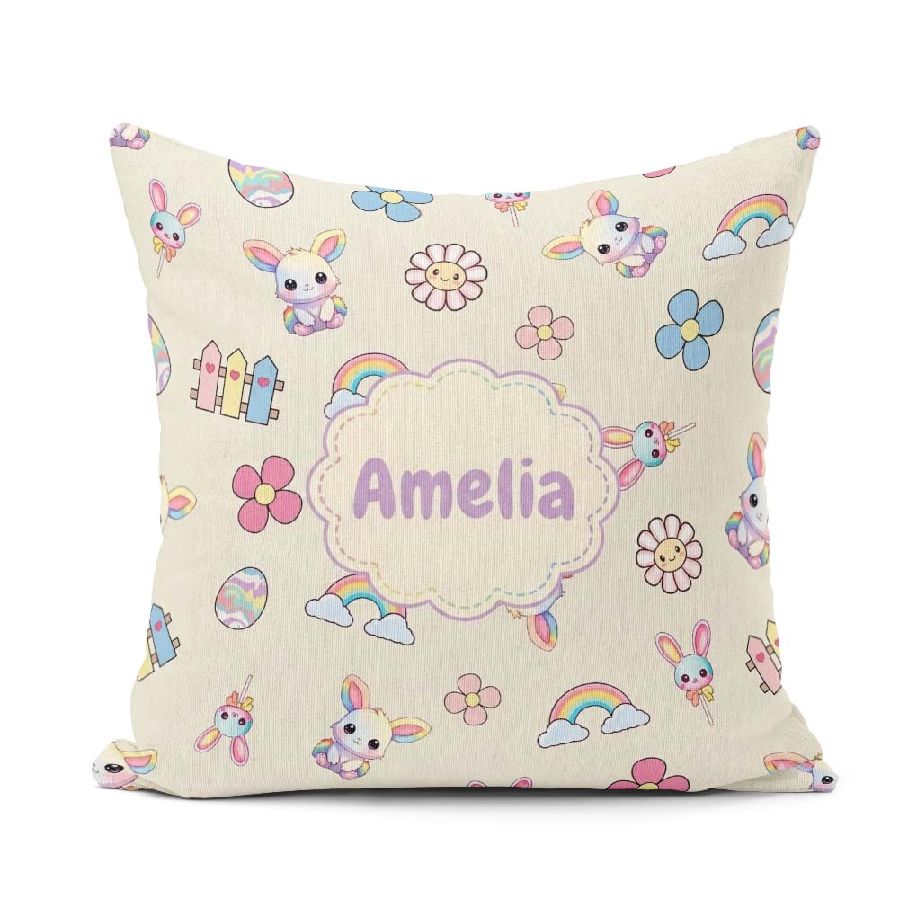 Custom Name Cute Bunny Flower Egg Pastel Kawaii Cream Background Square Filled Cushion Throw Pillow Sofa Bed Home Decor Zip Washable UK Made