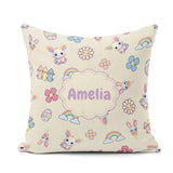 Custom Name Cute Bunny Flower Egg Pastel Kawaii Cream Background Square Filled Cushion Throw Pillow Sofa Bed Home Decor Zip Washable UK Made