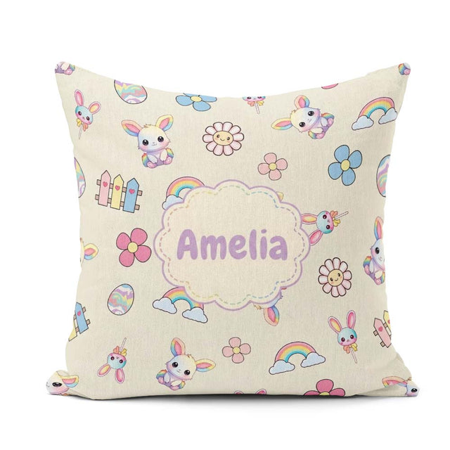 Custom Name Cute Bunny Flower Egg Pastel Kawaii Cream Background Square Filled Cushion Throw Pillow Sofa Bed Home Decor Zip Washable UK Made