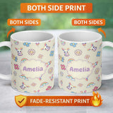 Personalized Custom Name Cute Rainbow Bunny Flower Egg Pastel Kawaii Cream Background 11oz Ceramic Coffee Tea Mug White Large Handle