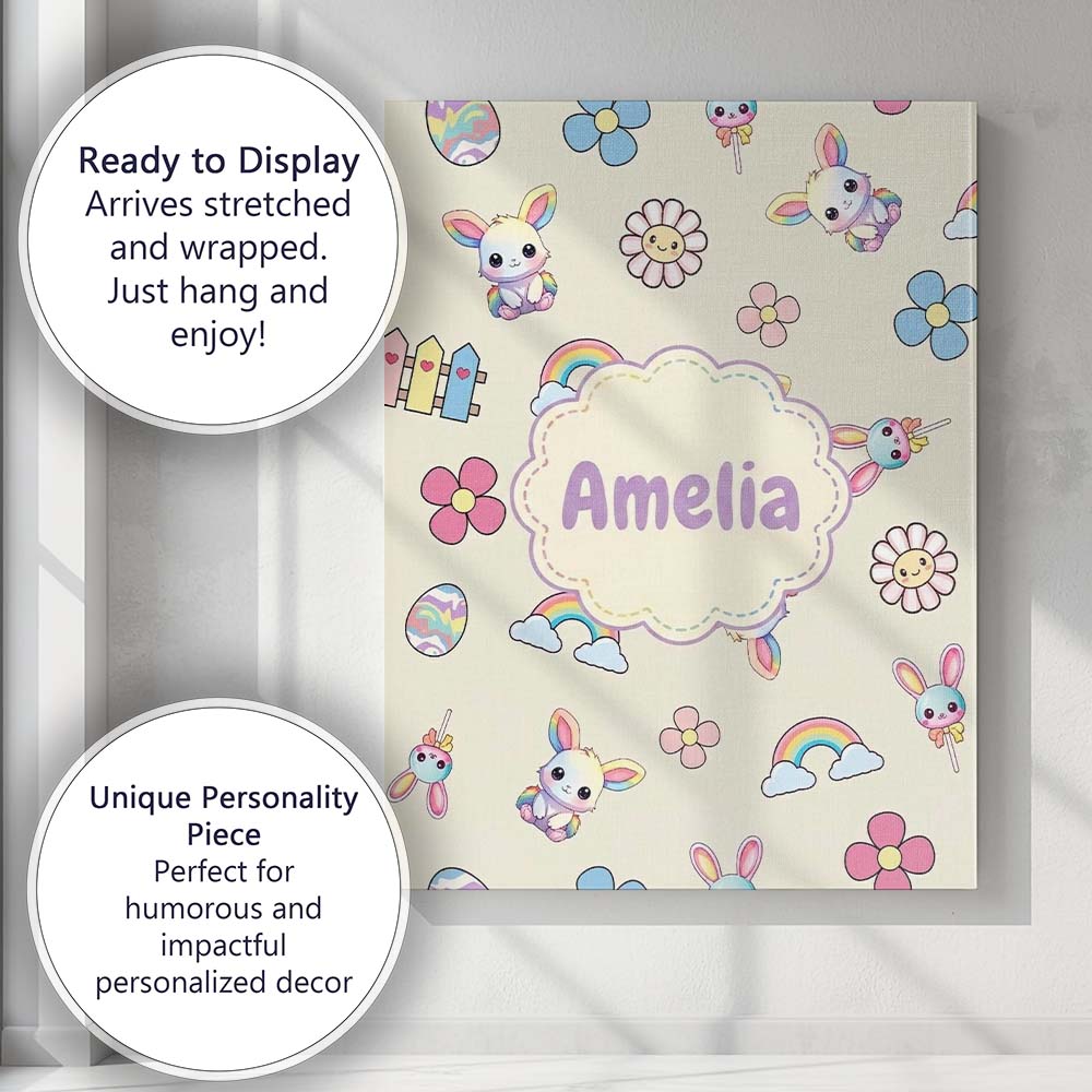 Personalised Name Cute Rainbow Bunny Flower Custom  Bespoke Interior Contemporary Canvas Wall Art Print Decor Picture Ready to Hang