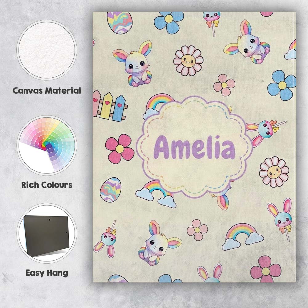 Personalised Name Cute Rainbow Bunny Flower Custom  Bespoke Interior Contemporary Canvas Wall Art Print Decor Picture Ready to Hang
