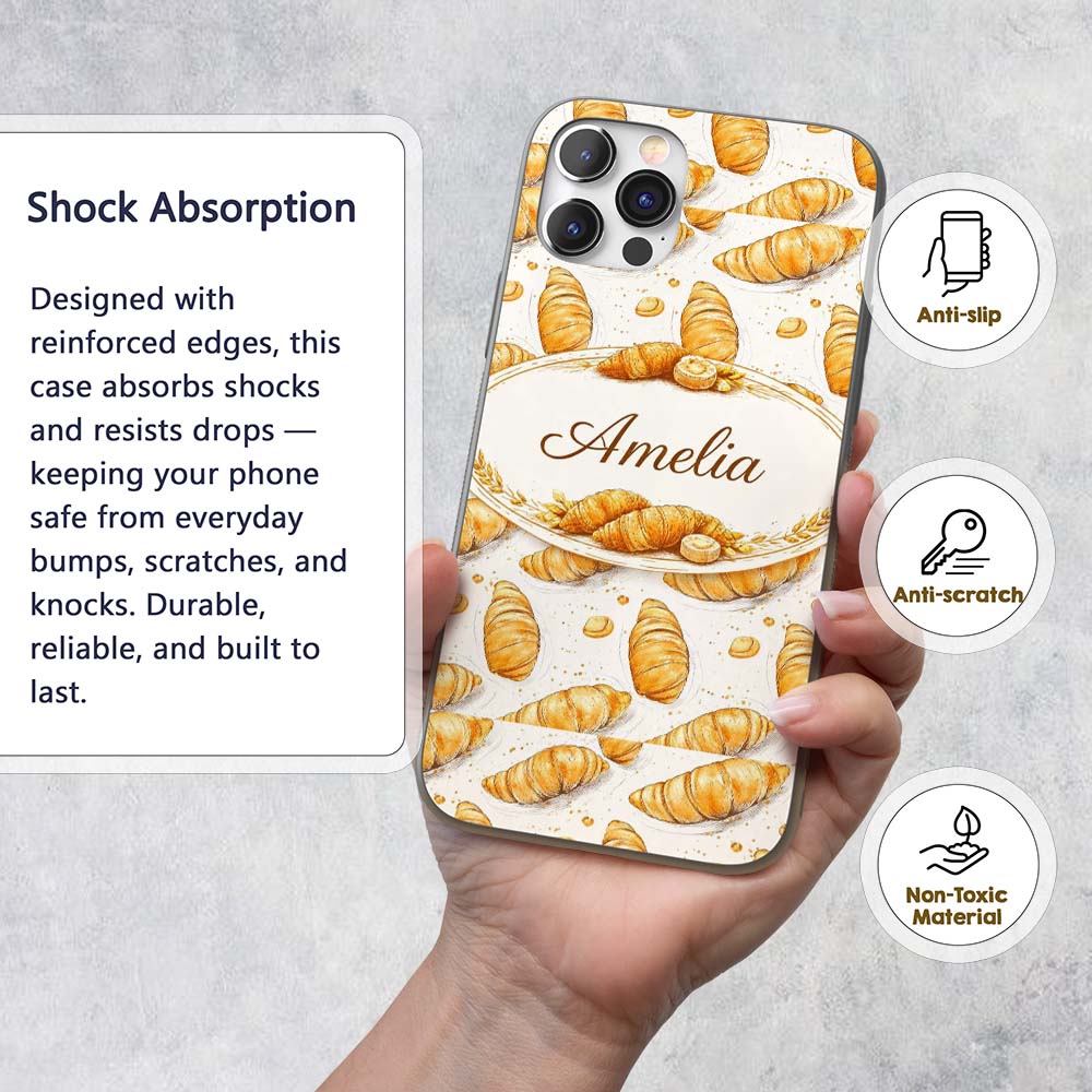 Artistic Sketch Croissant Seamless Pattern Ink Custom Name Protective Phone Case Mobile Cover Durable Everyday Smartphone Shock Resistant