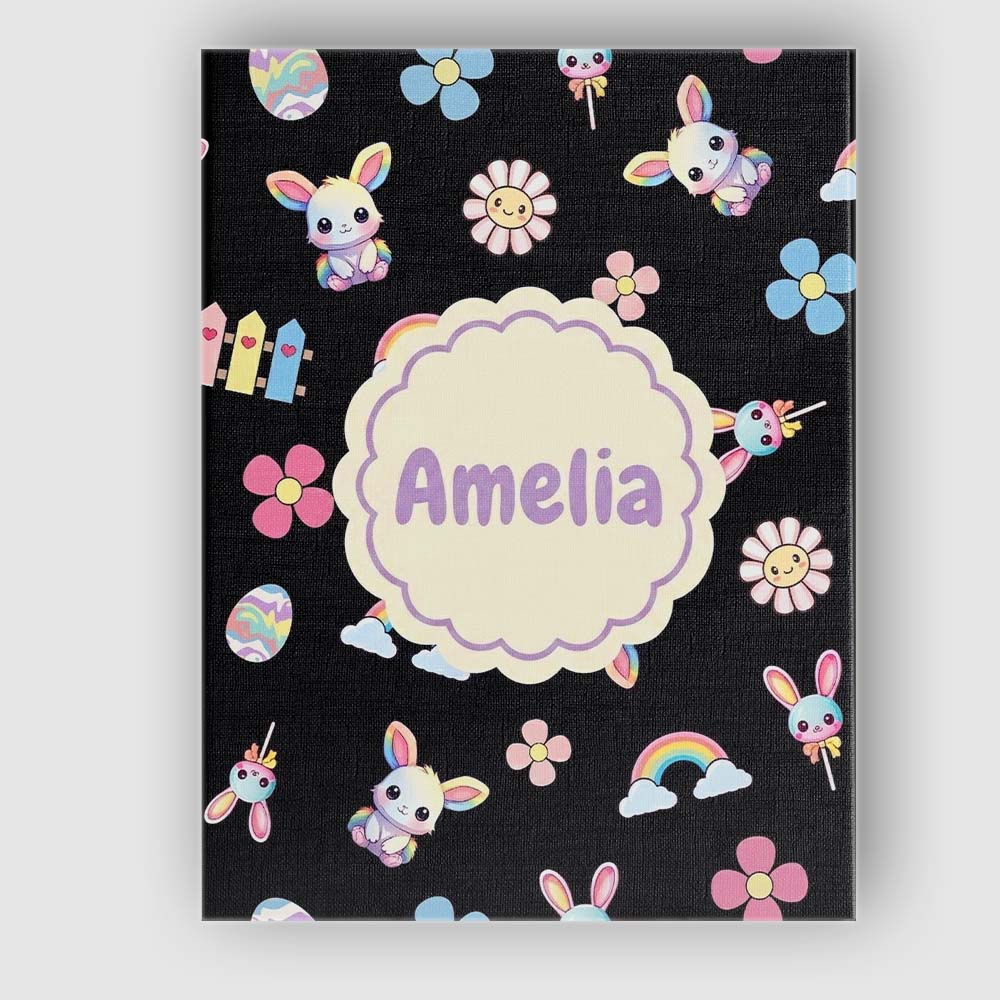 Personalised Name Cute Rainbow Bunny Flower Custom  Bespoke Interior Contemporary Canvas Wall Art Print Decor Picture Ready to Hang