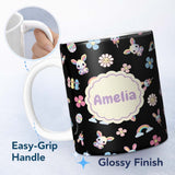 Personalized Custom Name Cute Rainbow Bunny Flower Egg Pastel Kawaii Black Background 11oz Ceramic Coffee Tea Mug White Large Handle