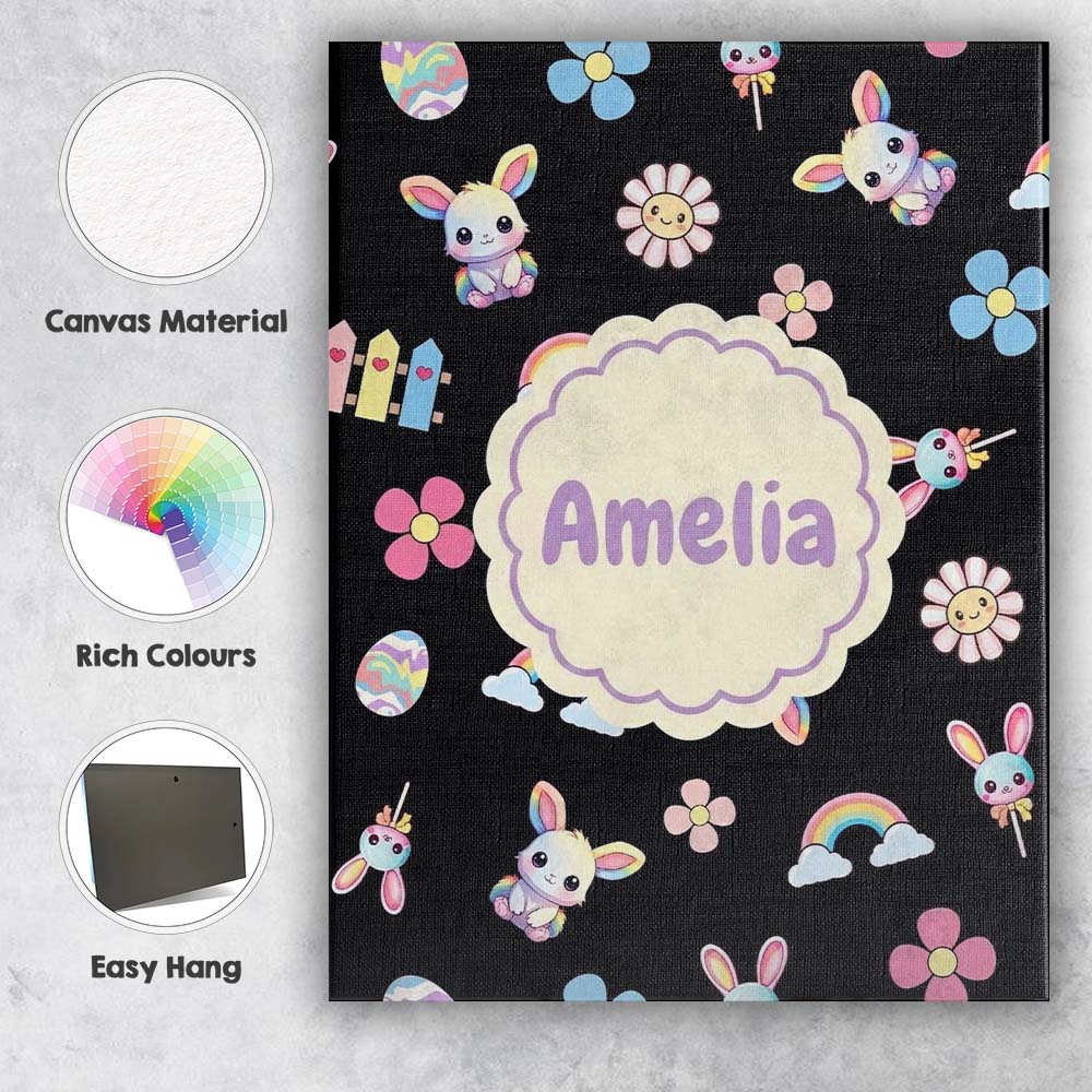Personalised Name Cute Rainbow Bunny Flower Custom  Bespoke Interior Contemporary Canvas Wall Art Print Decor Picture Ready to Hang