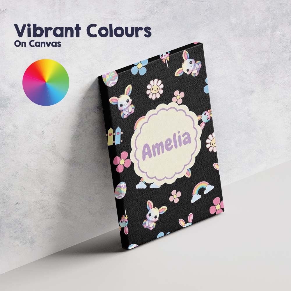 Personalised Name Cute Rainbow Bunny Flower Custom  Bespoke Interior Contemporary Canvas Wall Art Print Decor Picture Ready to Hang