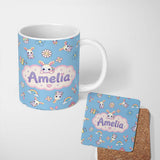 Personalized Custom Name Cute Rainbow Bunny Flower Egg Pastel Kawaii Blue Background 11oz Ceramic Coffee Tea Mug White Large Handle