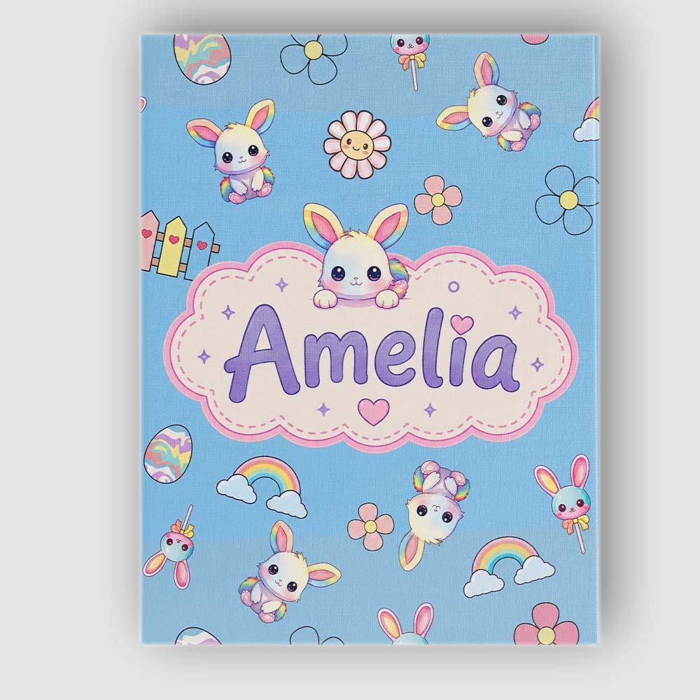 Personalised Name Cute Rainbow Bunny Flower Custom  Bespoke Interior Contemporary Canvas Wall Art Print Decor Picture Ready to Hang